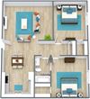 Three dimensional image of a two bedroom one bathroom floor plan
